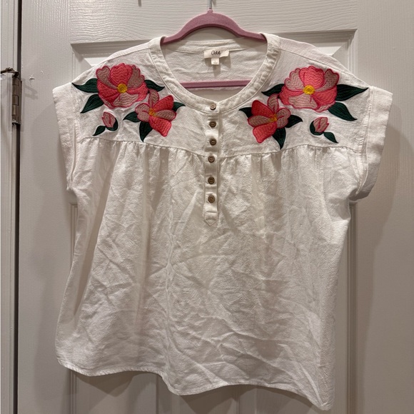 Oddi Tops - Oddi 100% Cotton Women's White Floral Embroidered Short Sleeve Top